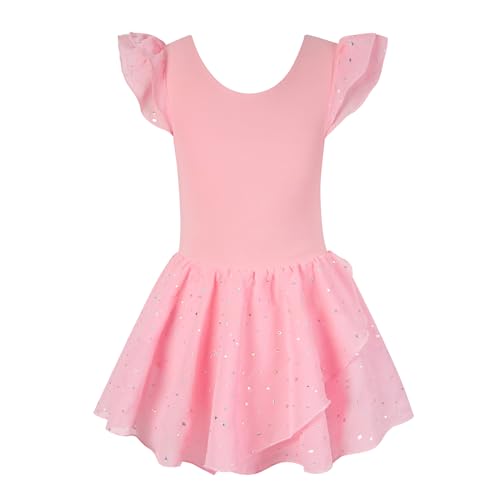 ALISISTER Ballettkleider Rosa Mädchen Kurzarm Ballettkleidung Baumwolle Glitzer Tanzkleid Ballettanzug Kinder Balletttrikot mit Tüllrock 6-7 Jahre