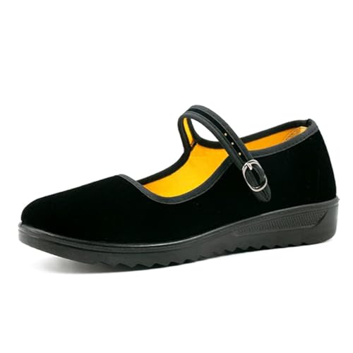 AioTio Mary Jane Schuhe Damen Samt Schwarz Ballerinas Damen Elegant Flache Schuhe Weicher Rutschfester Gummisohle Schuhe mit Bequemem Baumwollfutter(40 EU,250mm)