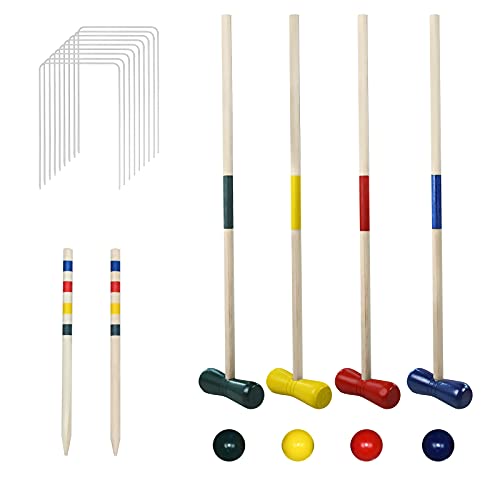 HENGMEI Krocket Set Krocketspiel Crocket Spiel für 4 Spieler mit Heringen, Schlägeln, Wickets und Bällen, Traditionelle Holzspielzeug Gartenspiel für Erwachsene/Kinder/Familie