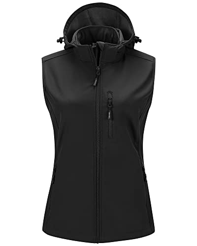 Outdoor Ventures Damen Softshell Westen mit Kapuze Leichte Fleece Gefütterte Ärmellose Jacke Wasserdichte Winddichte Weste Vest mit Zip up-Taschen Schwarz M