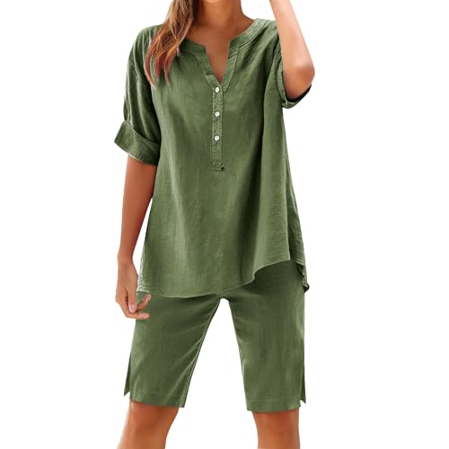 Generico Overall für Damen, Sommer, 2-teilig, Sommeranzüge, kurvig, kurz, Rundhalsausschnitt, einfarbig, zweiteilig, elegant, lässig, für Joggen, Training, Zuhause, Fitness, grün, 52