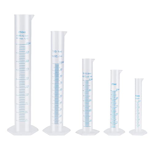 Messbecher mit Messzylinder, Kunststoff, Messbehälter, Messschlüssel, blaue Messlinien, Zylinder, Flüssigkeitsmesswerkzeuge, Labor, Tülle, Ausgießer, 10 ml, 25 ml, 50 ml, 100 ml, 250 ml