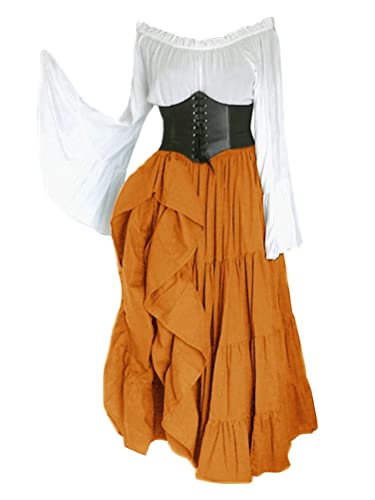 Onsoyours Halloween Tops Damen Langarm Oberteile mit Trompetenärmel Asymmetrischer Swing Tunika Frauen Elegant Tshirt Karneval Fasching Halloween Mittelalterliche Gothic Tops F Orange S