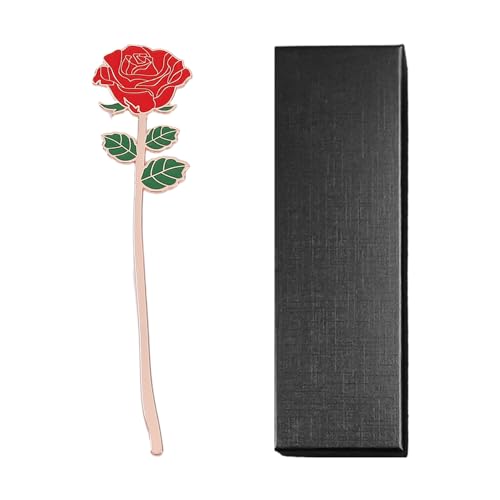 1 Stück rote Rose Lesezeichen, 1 Stück Geschenkbox, handgefertigte Metallpressung, bedrucktes Lesezeichen, Buchseitenklammer aus Metall, Lesezeichengeschenk, als Geschenk geeignet