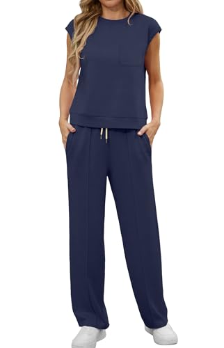 GRECERELLE Zweiteiler Trainingsanzug Damen Sommer Outfits Tracksuit Kurzarm Lässige Crew Neck Cap Sleeve Tops und Jogginghosen Trainingsanzüge mit Taschen (Marineblau, XL)