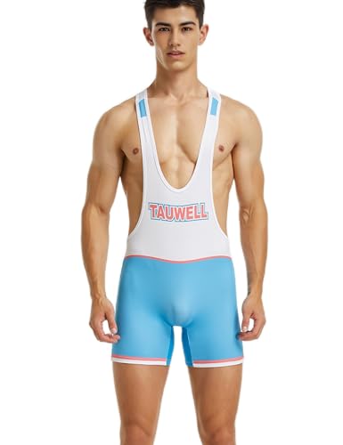 TAUWELL Wrestling Trikot, Herren Sport Bodysuit, Weiß-Blau, Racerback-Design, XL