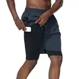 HMIYA Herren 2 in 1 Shorts Fitness Sporthose Kurz Jogginghose Schnelltrocknende Laufhose mit Kompressionsshorts und Taschen Reißverschlussfach(Dunkelgrau,EU-L/US-M)