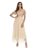 Dressystar Damen Elegant Maxikleid Pailletten Tüll Abendkleid V Ausschnitt Ballkleid Lang mit Ärmeln Champagner L