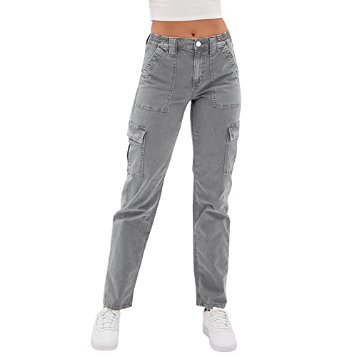 Damen Cargo Einfarbige Jeans Gerade Breites Bein Jeanshose Wide Leg Cargohose Freizeit Hose Stretch Baggy Lang Jeanshosen Mit Seitentaschen High Waist Freizeithose Lockere Damenhosen (Grau, XXL)