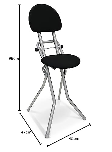 maxVitalis Sitzhilfe, Bügelstehhilfe rückenschonend, rutschfest u. platzsparend, 3-Fach höhenverstellbar (58-65 cm), mit Rückenkissen, belastbar bis 120kg, Silber 45 x 98 x 47 cm