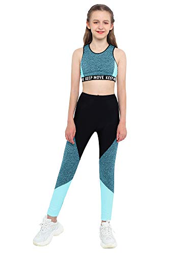 iEFiEL Kinder Trainingsanzug Mädchen Sport BH Weste + Leggings Sportlich Jogginganzug Druck Sportanzug Jumpsuit Große 98-176 Blau 134-140