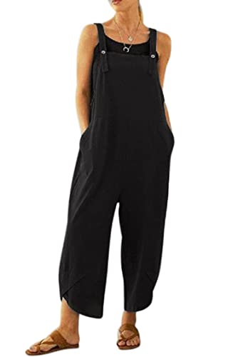 VEVESMUNDO Damen Latzhose Sommer Baggy Baumwolle Lang Elegant Retro Loose Breite Beine Jumpsuit Playsuit Overall Dungarees Hosen mit Taschen 34 36 38 40 42 44 46 48 50