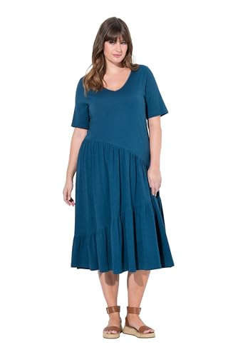 Ulla Popken Damen große Größen Übergrößen Plus Size Midikleid, V-Ausschnitt, Halbarm, Biobaumwolle Petrol 50+ 840463744-50+