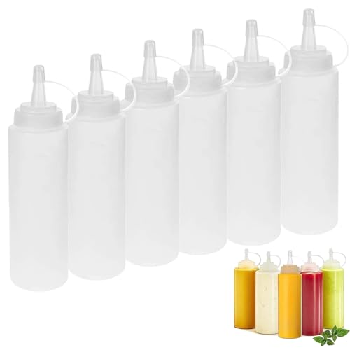 Squeeze Flasche aus Kunststoff, 6 Stück 8oz Plastik Quetschflasche, Condiment Flaschen - BPA Frei, Aufbewahrungsbehälter für Ketchup/Senf/Mayo/Soßen/Olivenöl, Saucenflasche für Home & Restaurant