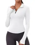 Rapbin T-Shirt Damen Sportshirt Langarm Fitness Top Leicht Atmungsaktiv Funktionsshirt Laufshirt mit 1/4 Reißverschluss und Daumenloch Weiß S