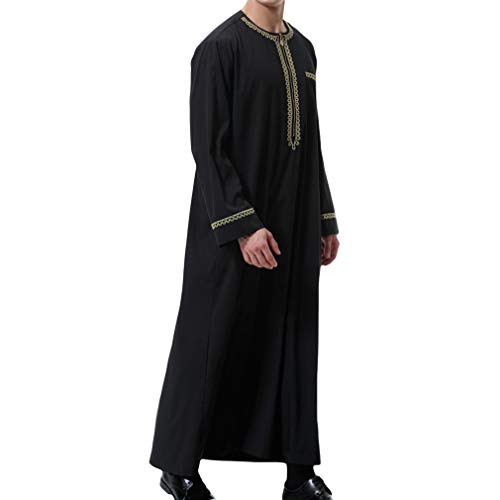 BeerMmay Herren Muslim Druck Kaftan Islamisch Royalty Dubai Robe O-Ausschnitt Lange Ärmel Retro Tuniken Abaya Lose Kandoura,Schwarz,L