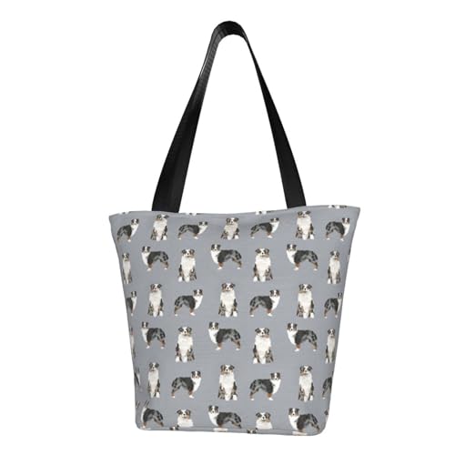 Umhängetasche, Canvas Tote Große Tasche Damen Casual Handtasche Wiederverwendbare Einkaufstaschen,Australischer Schäferhund Blue Merle Dog Simple Grey