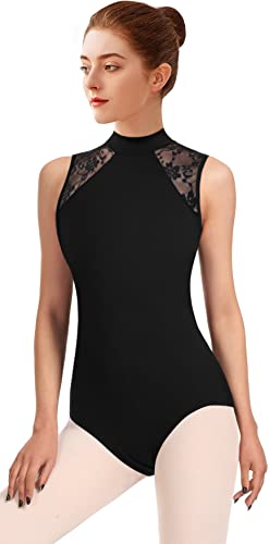 DANSHOW Damen Spitze Ballett Trikot für Tanz Mock Neck, Erwachsene Wassertropfen Hohl Rücken Turn-Leotards für Damen(7030-06-M)