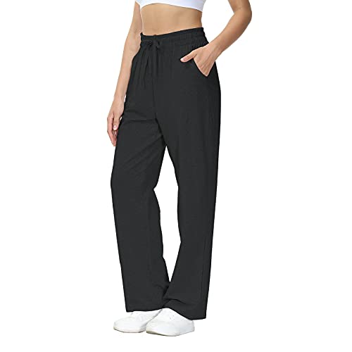 HMIYA Jogginghose Damen Baumwolle Freizeithose Lang offenem Boden Yogahose Sporthose Geradem Bein Hose mit Taschen (Schwarz L)