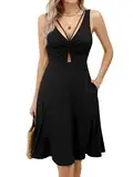 Missufe Damen Sexy Cutout ärmelloses V-Ausschnitt Sommer Midi Tank Kleid mit Taschen (Schwarz, Mittel)