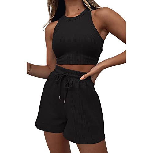 Geagodelia Damen Zweiteiler Sommer Hosenanzug Elegant Outfits Kleidung 2 Teiler Set Crop Tank Top + Shorts Y2k Aesthetic Clothes Workout Sport Anzug (B - Schwarz, L)
