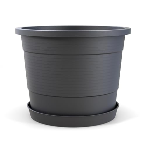 Plastard Blumentopf Terra Ø 54 cm Anthrazit mit Untersetzer, wetterfester Pflanzkübel, Pflanztopf, Blumenkübel, Übertopf für Innen & Außen aus Kunststoff mit Überlauf