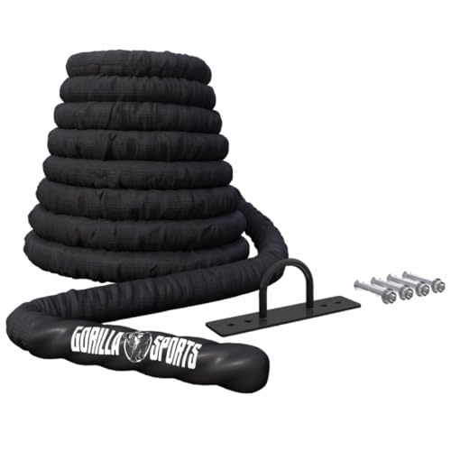 GORILLA SPORTS® Battle Rope - 9m/12m/15m Länge, Ø 38mm/50mm, inkl. Wandhalterung, Nylon, Schwarz - Schlacht Seil, Trainingsseil, Sportseil, Fitnessseil, Schlachtseil, Schwungseil, Muskelaufbau