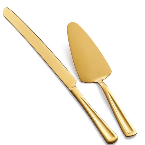 GoGeiLi Gold Kuchenbesteck Set, 33 cm Edelstahl Kuchenmesser und Tortenheber, Tortenmesser kuchenheber für Hochzeit, Geburtstag, Partys, Jubiläum