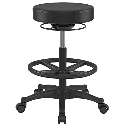 SONGMICS OSC007B01 Arbeitshocker, hoher Sitz, ergonomischer Dynasenhocker, Bürohocker, Sitz- und Stehhocker, drehbar und verstellbar, 59,5 – 81 cm, mit Verstellbarer runder Fußstütze, Schwarz