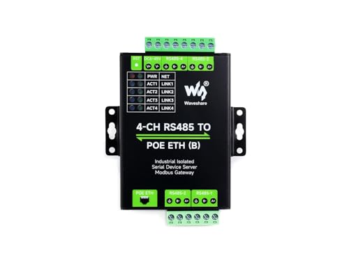 Waveshare 4-Ch RS485 to RJ45 Ethernet Serial Server, 4 Channels RS485 Independent Operation, Rail-Mount Industrial Isolated Serial Module, Modbus Gateway, PoE Ethernet Port