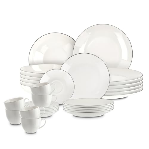 Peill+Putzler Germany, Kombiservice für 6 Personen aus Porzellan 30-teiliges Geschirrset in weiß mit schwarzem Rand 6xDessertteller, 6xKaffeetassen, 6xKaffeeuntertassen, 6xSpeiseteller, 6xSuppenteller