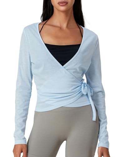 Frauen Y2k Ballett Wrap Top Langarm Tiefer V-Ausschnitt Slim Fit Yoga Pilates Ballet Workout Tops Frühling Kleidung (A-Lake Blue, S)