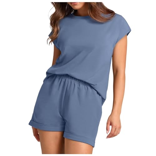 Generisch 2-teiliges Set für Damen, lässiges Sommer-Set, Oberteil mit Flügelärmeln Shorts mit elastischem Bund, Trainingsanzug Damen Hausanzug Damen Sommer Hausanzug Damen Elegant (Blue, XL)