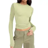 Damen Slim Fit Langarm Crop Tops Fitted Basic Solid Casual Rundhals Langarm Skinny Eng Bodycon T-Shirt Mode Y2K Kleidung Streetwear, grün, XL