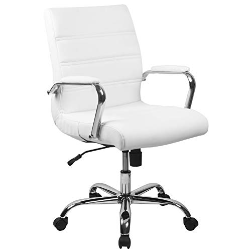 Flash Furniture Bürostuhl mit mittelhoher Rückenlehne – Bequemer Schreibtischstuhl mit Armlehnen, LeatherSoft-Material und Rollen – Perfekt für Home Office oder Büro – Weiß, 60.96 x 58.42 x 103.51 cm