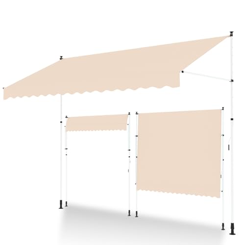 UNIONLINE Klemmmarkise 300cm Breit, Markise für Balkon ohne Bohren, Balkonmarkise mit Handkurbel Sonnenschutz höhenverstellbar Sonnenmarkise mit Gestell wasserdicht, Beige