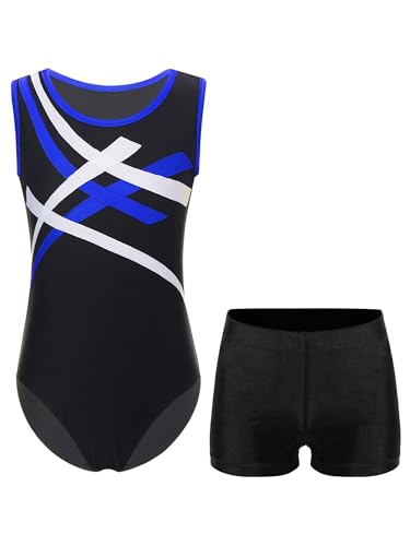 MSemis Gymnastik Trikot für Jungen Kinder Turnanzug Gymnastikanzug Ärmellos Gymnastik Trikot Ballettbody mit Tanz shorts Tanzbekleidung Blau Schwarz 158-164