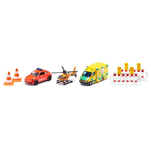 siku 6332, Geschenkset Rettung, VW Beetle-Notarztwagen, Mercedes-Rettungswagen, Helikopter, Spielzeug-Set, Kunststoff/Metall, Multicolor, Inkl. 2 Warnbaken und 2 Pylonen