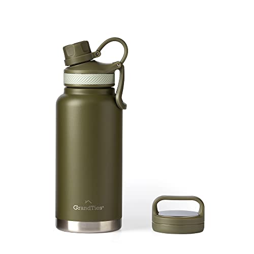 GrandTies 2 Deckel Sport Edelstahl Wasserflaschen - Breite Öffnung Vakuumisoliert Wiederverwendbar Auslaufsicher BPA-frei Reise Metall Kantine Thermosflaschen für Männer Frauen Gym (32oz (946ml),
