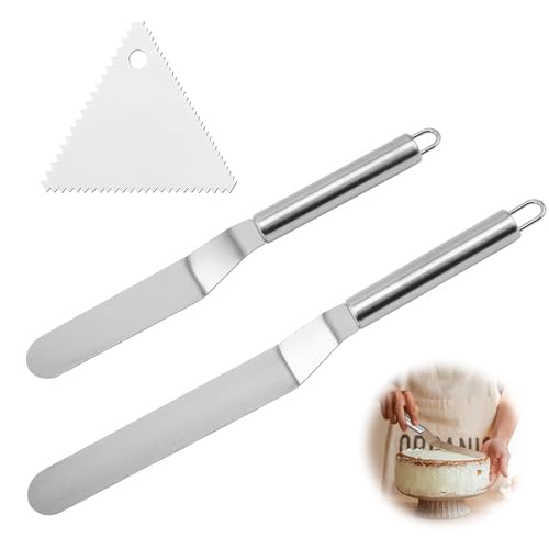 IUSOT 3 Stück Winkelpalette Edelstahl Set, 2 Edelstahl Kuchenmesser Tortenmesser (6 Zoll & 8 Zoll) Mit 1 Dreiecksschaber, Zum Glätten und Verteilen Von Sahne, Torten Zubehör für Backen (Silber)