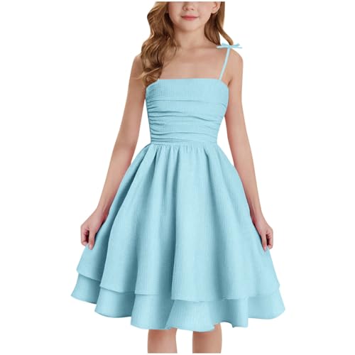 XINYUNZU Mädchen Kleider A-Linie Spaghettiträger Sommerkleid Elegant Festliches Kleid Einfarbig Kinder Freizeitkleid Ärmellos Party Prinzessin Kleid für 8-14 Jahre Blau 10-11 Jahre