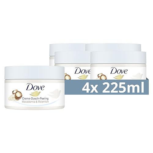 Dove Creme-Dusch-Peeling Macadamia & Reismilch Scrub Körper Peeling für geschmeidige Haut Hautpflege mit Jojobawachs-Perlen 4x 225 ml