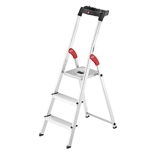 Hailo L60 StandardLine Alu Sicherheits-Stehleiter - klappbare Leiter mit 3 Stufen und Ablageschale - Arbeitshöhe bis 263 cm - Gewicht 3,3 kg - Silber