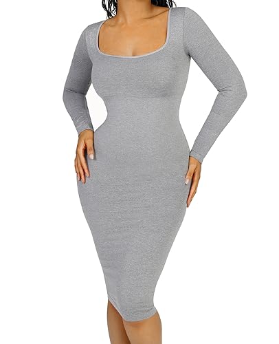 FeelinGirl Bodycon Kleid Shapewear für Damen mit Abnehmbarem BH-Pad Seamless Recyceltes Material Shaping Dress Langes mit Langarm Bauchweg Elegant Grau M/L