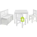 Bomi Kindersitzgruppe Anna mit integrierter Spielzeugkiste | Kinderzimmer-Set inkl. Kindertisch mit 2 Stühlen & Kindertruhenbank | Kindermöbel aus FSC nachhaltigem Kiefern Massiv Holz | Weiß