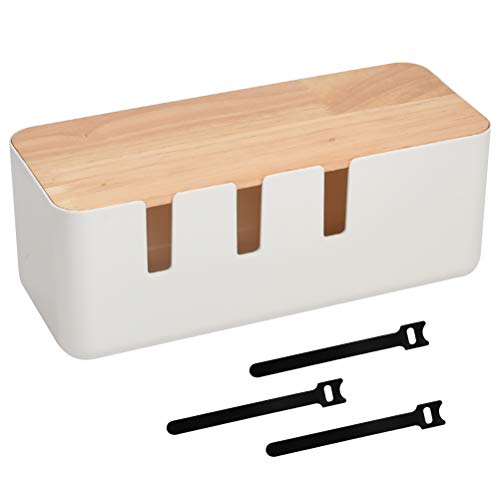 Kabelbox Weiß Kabelmanagement Box mit Holzdeckel 30.2 * 12.5 * 11.5cm Kabel-Organizer ABS Kabel Aufbewahrungsbox mit Gummifüßen und Klettverschluss Für Kabel/Steckdosenleisten Schutz und Sicherheit