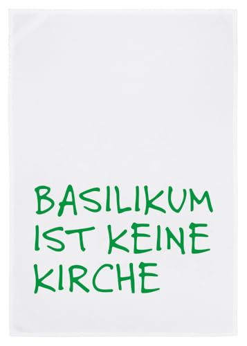 Geschirrtuch weiß, Basilikum ist keine Kirche in grün