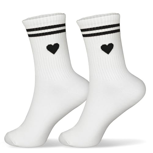 1 Paar Weiß Socken Damen 36-42 Baumwolle mit Streifen Herz lustige Geschenke für Frauen Herren Sportsocken Tennissocken (DE/NL/SE/PL, Alphanumerisch, Einheitsgröße, Regular, Regular, Schwarz)