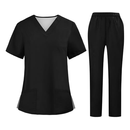Generisch Angebote Des Tages Heute Damen Arbeitskleidung Set Unisex Uniform Kurzarm Oberteil Mit Hose Sport Set (XXL, Schwarz)