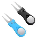 JIYIN 2 Stück Golf Pitchgabel, Golf Reparatur Pitchgabel mit Pop-up-Taste und Ball Marker Golf Divot Werkzeug Faltbare Edelstahl Golf Pitchgabeln Switchblade Golf Pitchgabel (Schwarz+Blau)